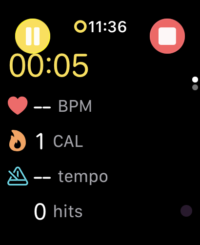 DrumPulse running live on an Apple Watch, showing the groove meter, tempo, heart rate, calories and hit count