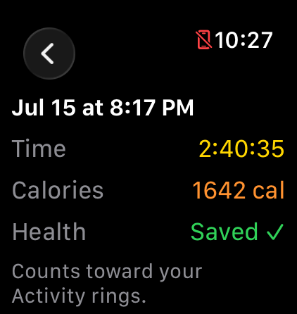 Apple Watch screen showing a drumming session on Jul 15 at 8:17 PM, time 2 hours 40 minutes 35 seconds, 1642 calories, saved to Health and counting toward Activity rings