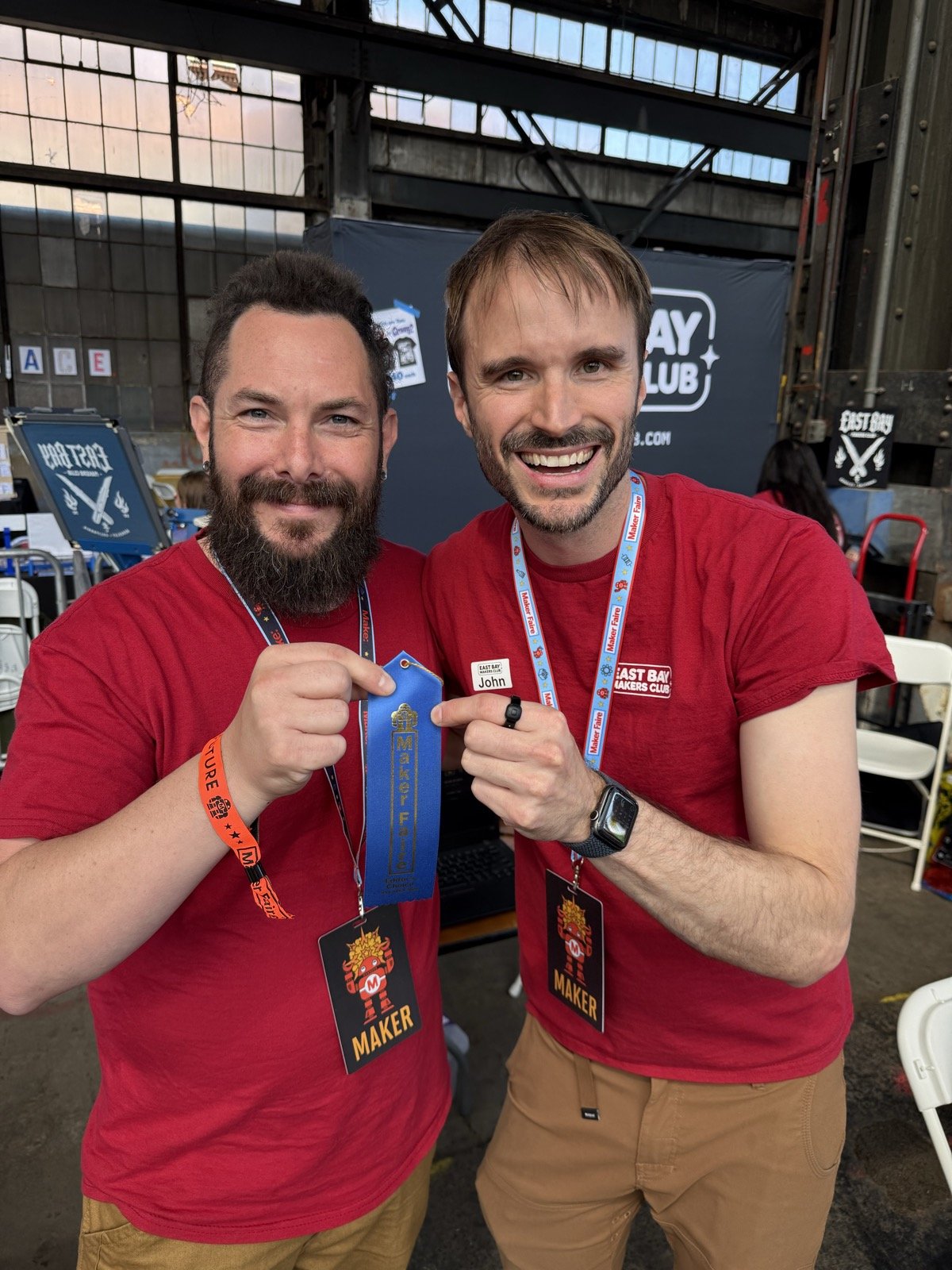 John Boiles and Joe Taylor of East Bay Makers Club holding a blue ribbon