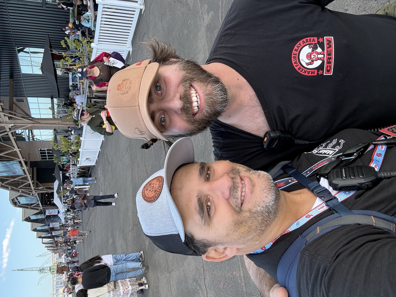 Selfie of Mario Cruz with Rio, lead area manager for the Foundry, in a Maker Faire Bay Area crew shirt