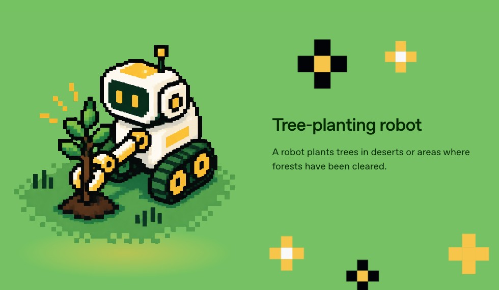 Pixel art of a tree-planting robot from the Shared Spark mural
