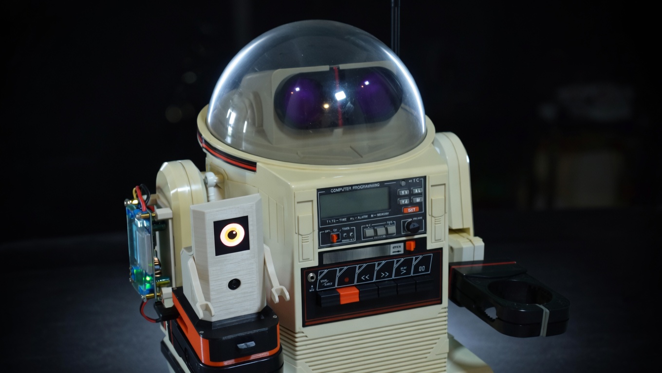 Tomy Omnibot with Ring-O companion robot mounted on top, OLED eye glowing