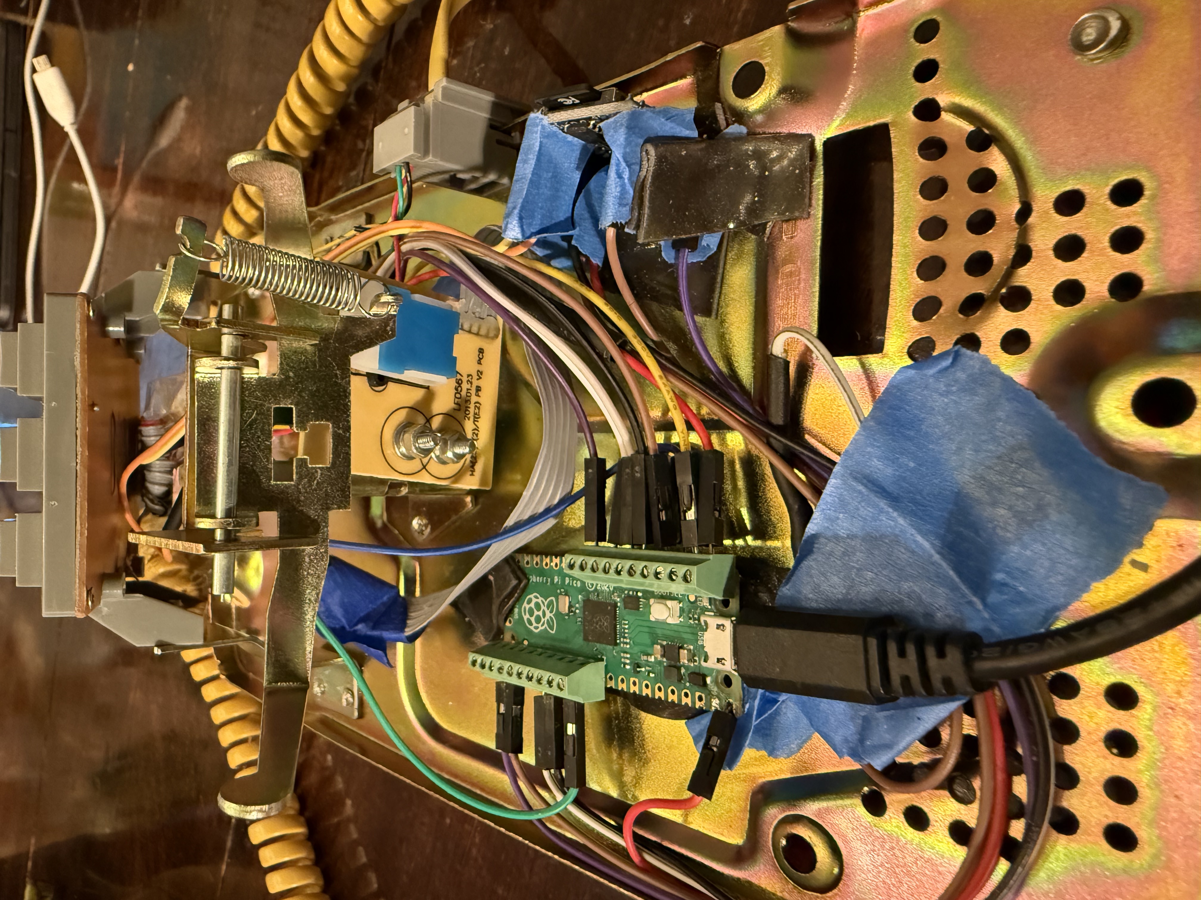 Close-up of Pico and wiring inside the banana phone