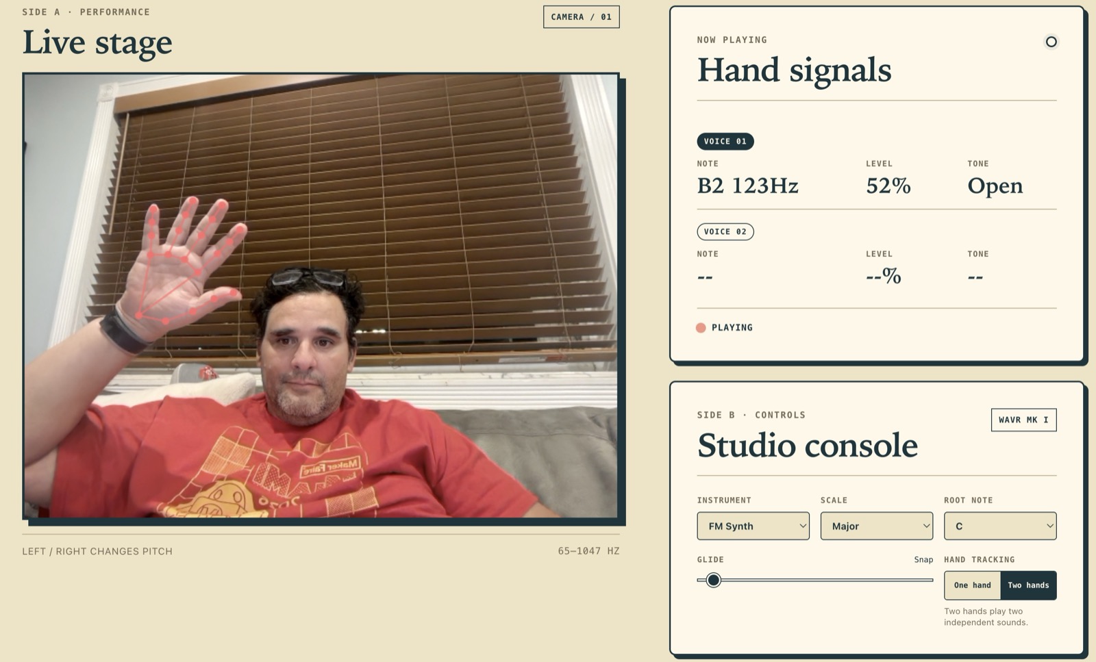 Mario playing Wavr on a couch with one hand raised, a red hand-tracking skeleton drawn over the webcam view, while the Hand signals panel shows voice 1 holding B2 at 123 Hz at 52 percent with an open tone
