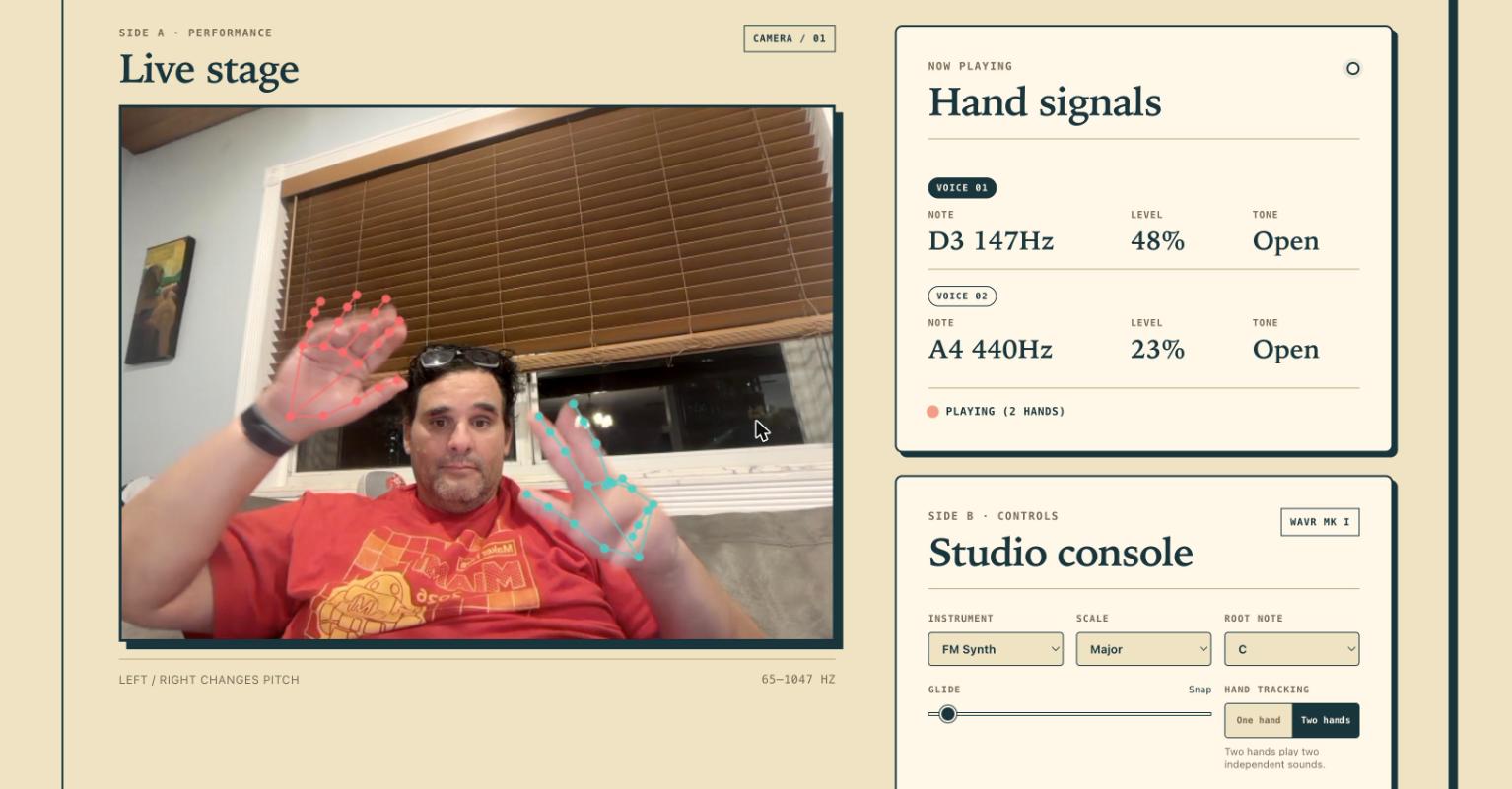 Mario playing Wavr with both hands raised, red and cyan hand-tracking skeletons drawn over the webcam view, while the Hand signals panel shows voice 1 on D3 at 48 percent and voice 2 on A4 at 23 percent